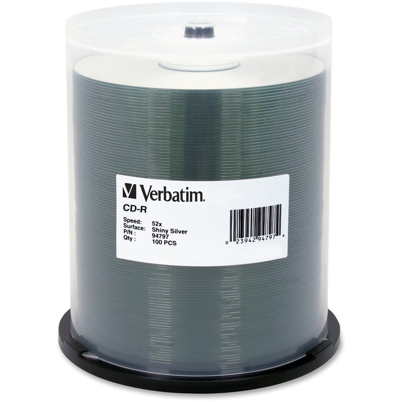Verbatim CD-R 700MB 52X DataLifePlus Shiny Silver Silk Screen Printable - 100pk Spindle - Thumbnail 1