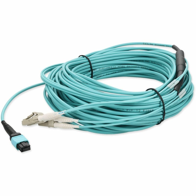 AddOn 20m MPO/UPC to 2xLC Duplex (4xLC)/UPC Aqua OM4 OFNR (Riser-Rated) 4-Strand Fiber Fanout Cable - Thumbnail 1