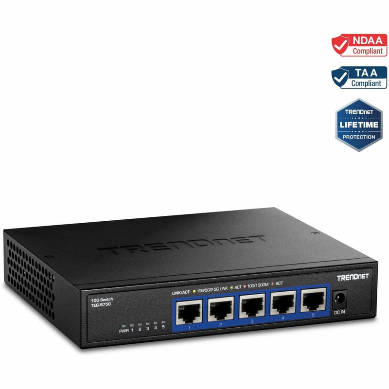 TRENDnet 5-Port 10G Switch, 5 x 10G RJ-45 Ports, 100Gbps Switching Capacity, Supports 2.5G and 5G-BASE-T Connections, Lifetime Protection, Black, TEG-S750 - Thumbnail 1