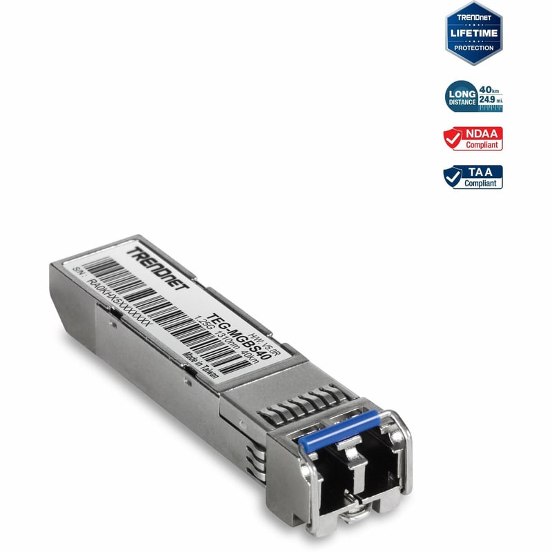 TRENDnet SFP to RJ45 Mini-GBIC Single Mode LC Module; TEG-MGBS40; Up to 40 km; Single-mode Fiber; LC Connector-Type; Connect with a Standard Mini-GBIC Slot; Duplex LC Connector; Lifetime Protection - Thumbnail 1
