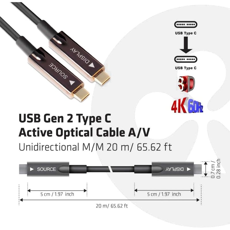 Club 3D USB Gen 2 Type C Active Optical Cable A/V Unidirectional M/M 20 m/ 65.62 ft - Thumbnail 4