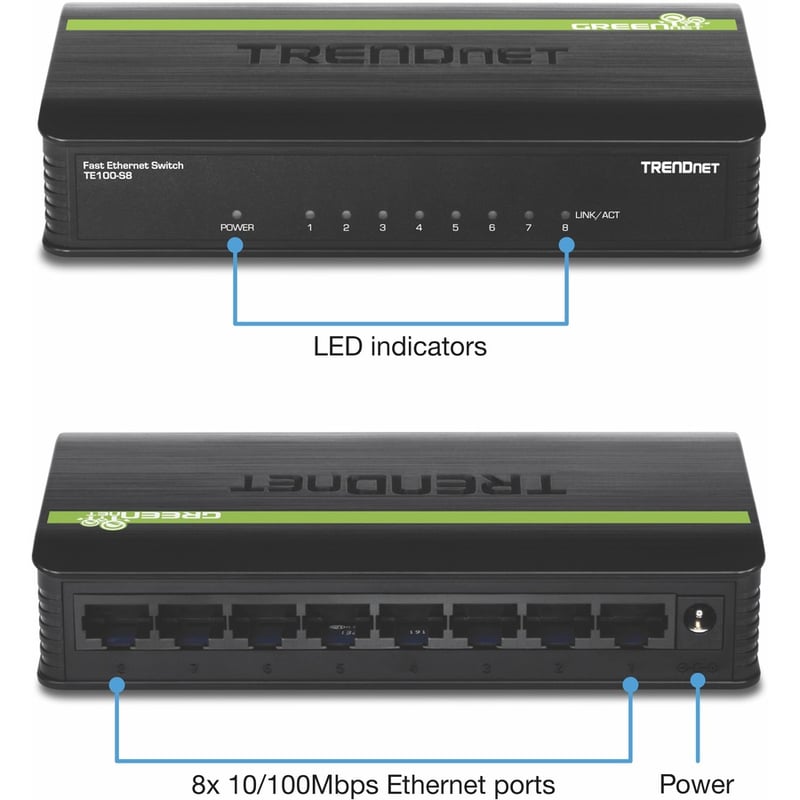 TRENDnet 8-Port Unmanaged 10/100 Mbps GREENnet Ethernet Desktop Switch; TE100-S8; 8 x 10/100 Mbps Ethernet Ports; 1.6 Gbps Switching Capacity; Plastic Housing; Network Ethernet Switch; Plug & Play - Thumbnail 2