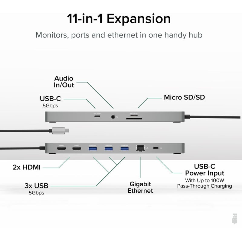 Plugable 11-in-1 USB-C Hub 100W USB-C Pass-through, Laptop Docking Station Dual Monitor with 4K 60Hz HDMI - Thumbnail 2