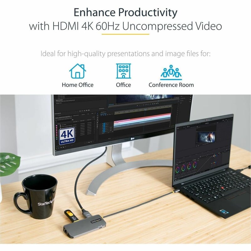 StarTech.com USB C Multiport Adapter, 4K 60Hz HDMI HDR10 Video, 3 Port 5Gbps USB 3.2 Hub, 100W PD PassThrough, GbE, Mini Travel Dock - Thumbnail 3
