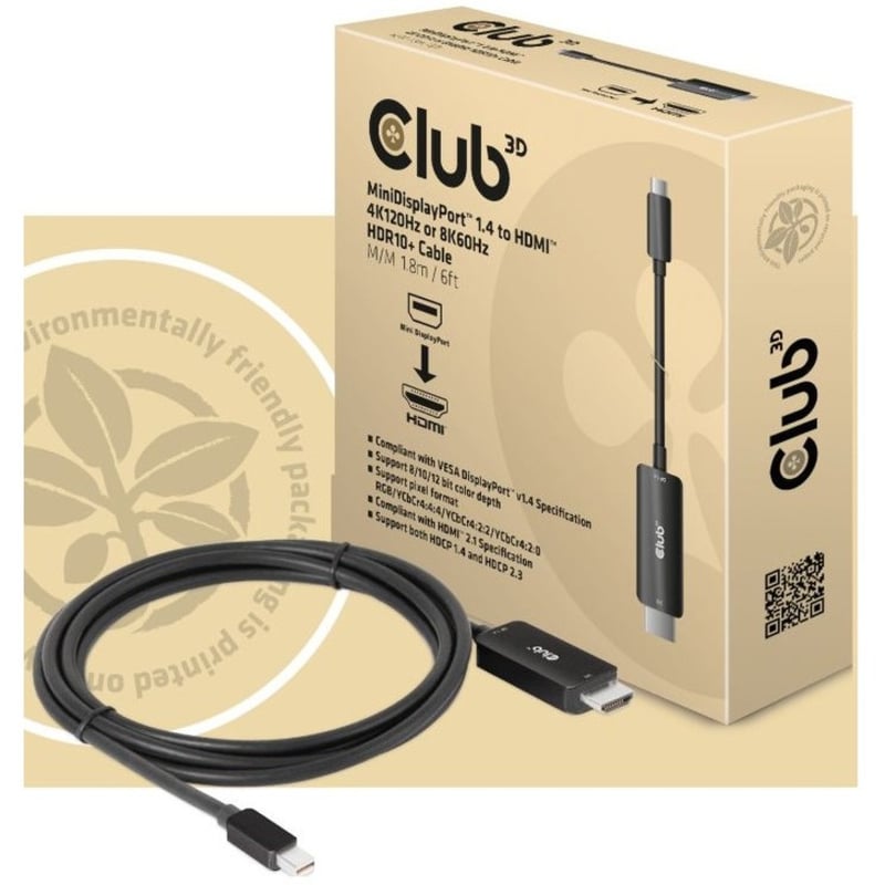 Club 3D MiniDisplayPort 1.4 to HDMI 4K120Hz or 8K60Hz HDR10+ Cable M/M 1.8m / 6ft - Thumbnail 2
