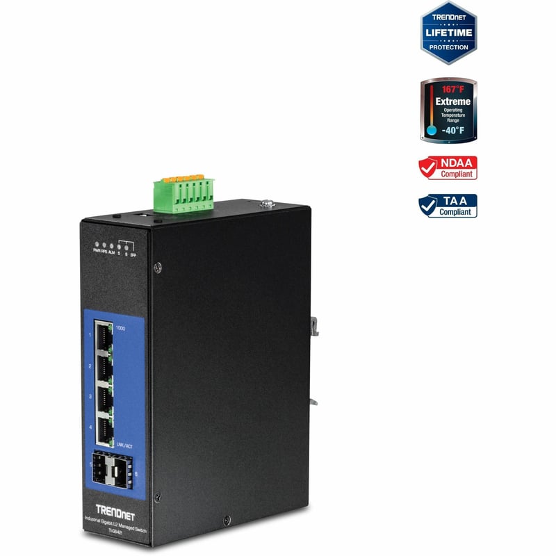 TRENDnet 6-Port Industrial Gigabit L2 Managed DIN-Rail Switch; 4 x Gigabit Ports; 2 x SFP Slots; DIN-Rail Mount; IP30; VLAN; QoS; LACP; STP/RSTP; Bandwidth management; Lifetime Protection; TI-G642i - Thumbnail 1