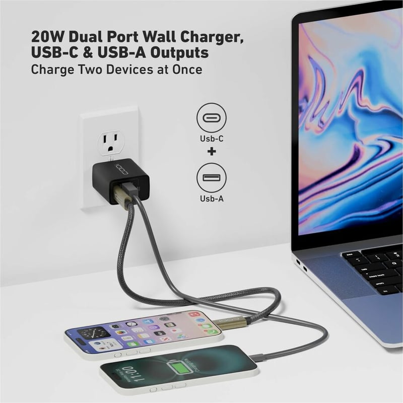 CODi Dual Port 20W Wall Charger/AC Adapter (USB-C, USB-A Outputs) - Thumbnail 3