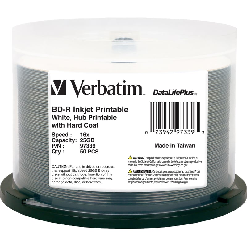BD-R 25GB 16X DataLifePlus White Inkjet Printable, Hub Printable - 50pk Spindle - Thumbnail 1