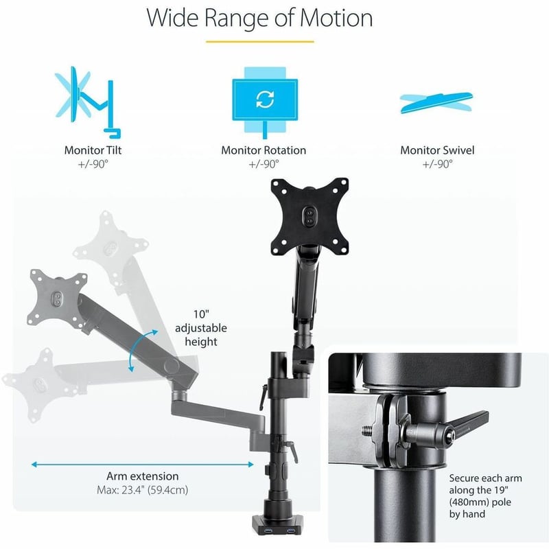 StarTech.com Desk Mount Monitor Arm with 2x USB 3.0 ports, Full Motion Monitor Mount up to 34" (17.6lb/8kg) VESA Display, C-Clamp/Grommet - Thumbnail 4