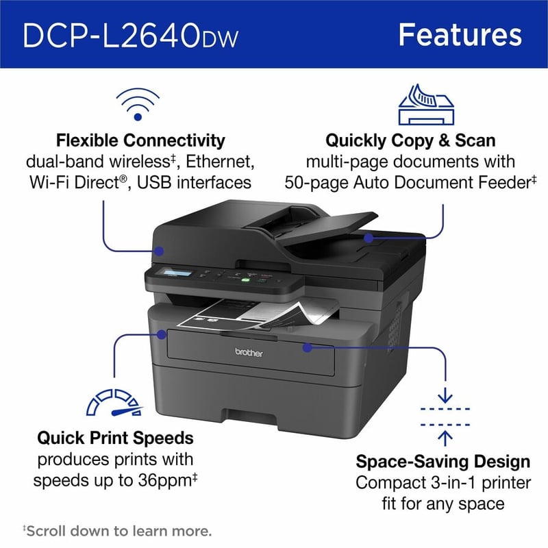 Brother Wireless DCP-L2640DW Compact Monochrome Multi-Function Laser Printer with Print, Copy and Scan, Duplex and Mobile Printing - Thumbnail 3