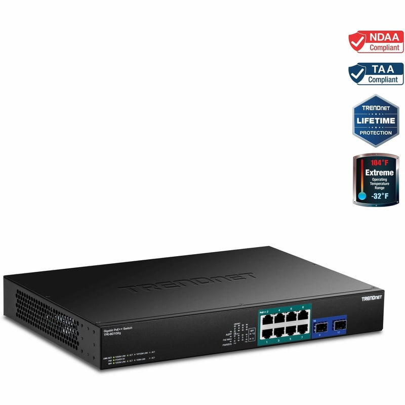 TRENDnet TPE-BG102g- 10-Port Gigabit 240W PoE++ Switch with 4 x 95W PoE++ Ports- 4 x 30W PoE+ Ports- 2 Gigabit SFP Slots, 240W PoE Budget- 1U 19" Rack Mountable - Thumbnail 1