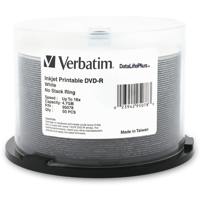 Verbatim DVD-R 4.7GB 16X DataLifePlus White Inkjet Printable - 50pk Spindle - Thumbnail 1