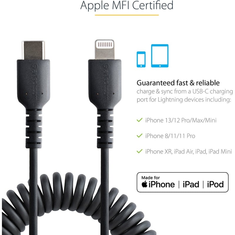 StarTech.com 1m (3ft) USB C to Lightning Cable, MFi Certified, Coiled iPhone Charger Cable, Black, Durable TPE Jacket Aramid Fiber
