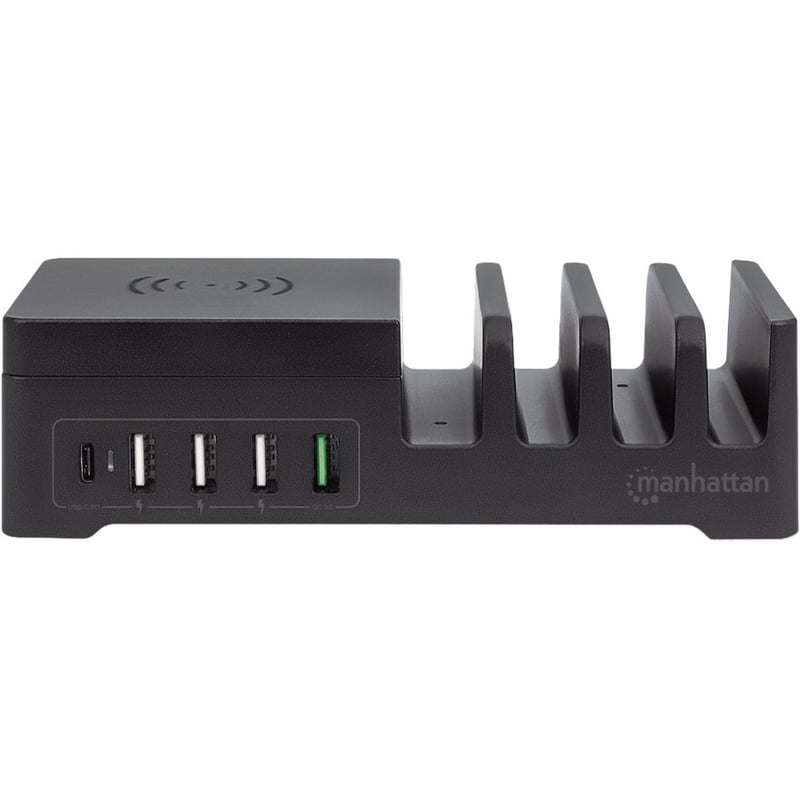 Manhattan Charging Station with Wireless Charging Pad (detachable), 1x Wireless, 1x USB-C and 4x USB-A Ports, Wireless Output: 2A, USB-C Output: 3A, USB-A Outputs: 1x 3A and 3x 2.4A max, Cable 1m, Black (Power Cable: Euro 2-pin plug to C7 figure-of-8 - Thumbnail 5
