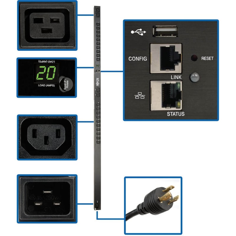 Tripp Lite by Eaton PDU 3.7kW Single-Phase 208/230V Monitored PDU - LX Platform 20 C13 4 C19 Outlets C20 Input with L6-20P Adapter 0U 1778mm Height TAA - Thumbnail 1