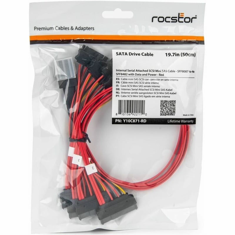 SCSI MINI SAS CABLE SFF8087 TO 4X SFF8482 - RED - Thumbnail 4