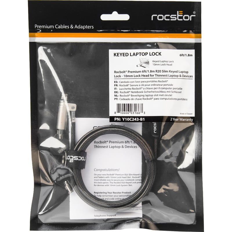 Rocbolt R20 Slim Security Cable with Key Lock and (2) Keys - 10mm Lock Head for Thinnest Laptop, Ultrabook Devices - Galvanized Steel, Nickel, Zinc Alloy - 6 ft - Compatible with K65042L & K64434W - TAA COMPLIANT - FOR THINNEST LA - Thumbnail 2