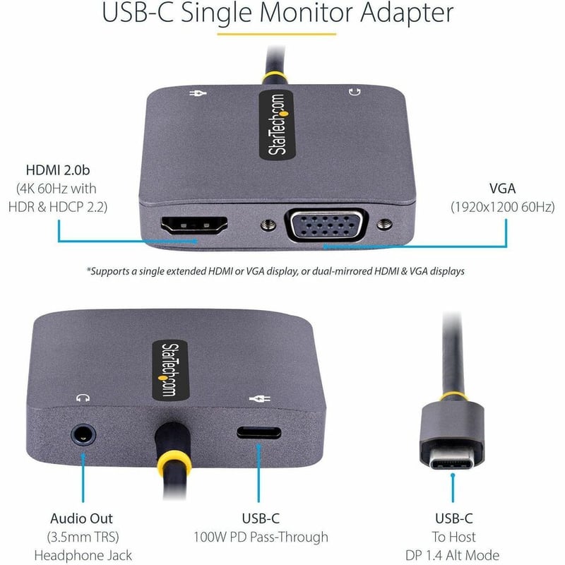 StarTech.com USB C Video Adapter, USB C to HDMI VGA Multiport Adapter, 3.5mm Audio, 4K 60Hz HDR, 100W PD 3.0 PT, USB C Display Adapter - Thumbnail 2