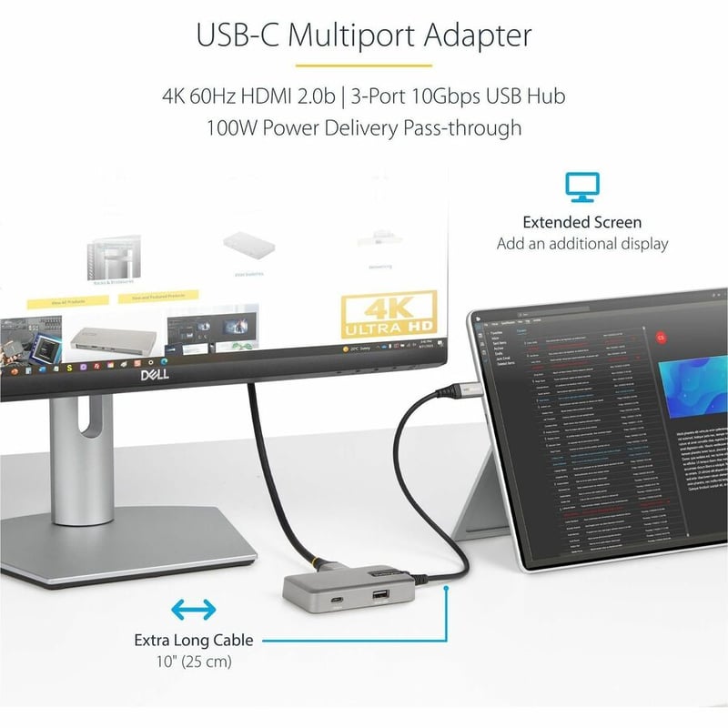 StarTech.com USB C Multiport Adapter, 4K 60Hz HDMI 2.0, 100W PD Pass-through, USB Hub, USB Type-C Mini Docking Station, 10" (25cm) Cable - Thumbnail 2