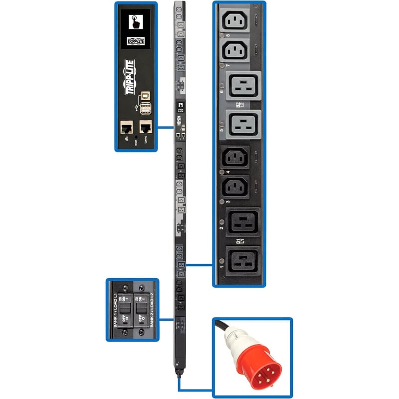 Eaton Tripp Lite Series 17.3kW 220-240V 3PH Switched PDU - LX Interface, Gigabit, 24 Outlets, IEC 309 30A Red 380-415V Input, Outlet Monitoring, LCD, 1.8 m Cord, 0U 1.8 m Height, TAA - Thumbnail 1