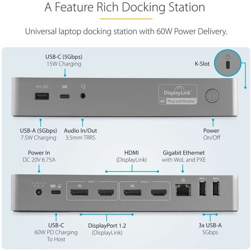 StarTech.com USB-C & USB-A Dock - Hybrid Universal Laptop Docking Station with Dual Monitor Display 4K 60Hz HDMI & DisplayPort - 60W PD - Thumbnail 3