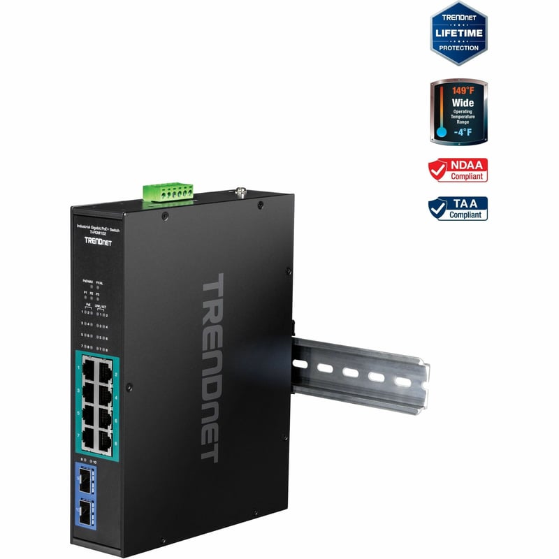 TRENDnet 10-Port Industrial Gigabit PoE+ Switch, WideTemperature Range -20 - 65C (-4 - 149F), DIN Rail Switch, 50-55V DC, 8 x Gigabit PoE+ Ports, 2 x Gigabit SFP Slots, TI-PGM102, Black - Thumbnail 1