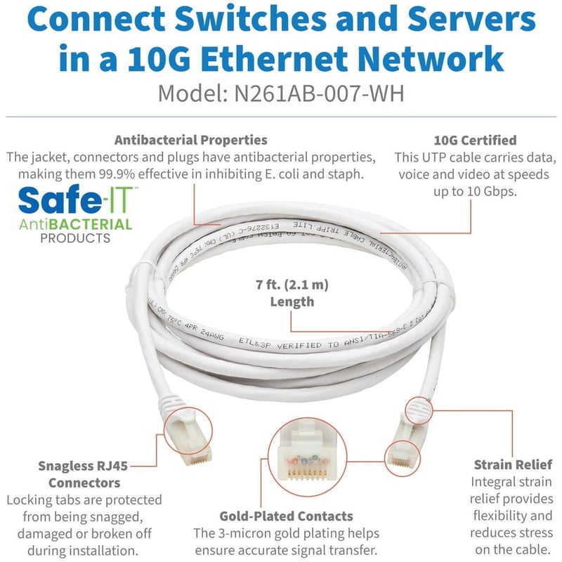 Eaton Tripp Lite Series Safe-IT Cat6a 10G Snagless Antibacterial UTP Ethernet Cable (RJ45 M/M), PoE, White, 7 ft. (2.13 m) - Thumbnail 2