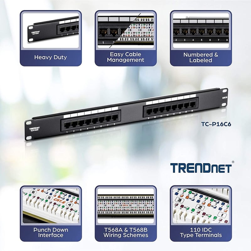 TRENDnet 16-Port Cat6 Unshielded Patch Panel, Wallmount Or Rackmount, 1U 19" , Cat3,Cat4,Cat5,Cat5e,Cat6 Compatible, 250Mhz Connection, Ideal For Copper Gigabit Ethernet Connections, Black, TC-P16C6 - Thumbnail 2