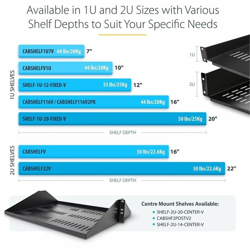 StarTech.com 1U Vented Server Rack Cabinet Shelf - Fixed 12" Deep Cantilever Rackmount Tray for 19" Data/AV/Network Enclosure w/Cage Nuts - Thumbnail 4