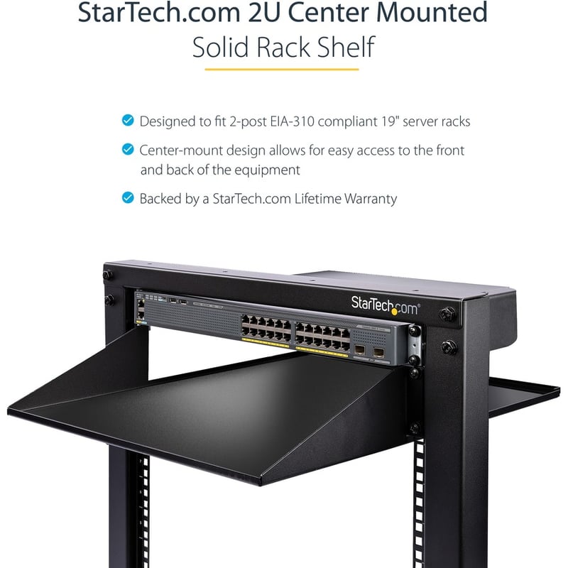 StarTech.com 2U 19" 2-Post Network Rack Shelf 20in Deep Center Mount Cantilever Tray Rackmount for AV/Data Equipment 75lb Capacity - Thumbnail 5