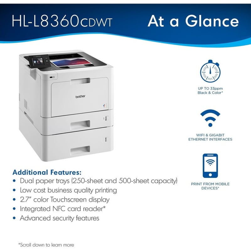 Brother Business Color Laser Printer HL-L8360CDWT - Wireless Networking - Dual Trays - Thumbnail 3