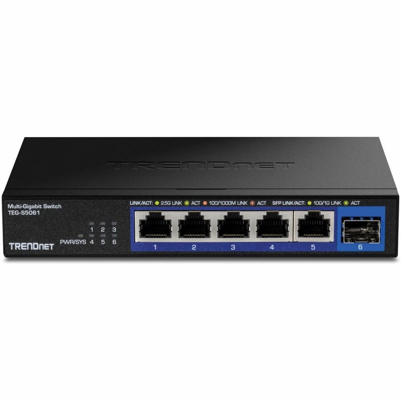 TRENDnet 6-Port Unmanaged 2.5G Switch with 10G SFP+ Port, TEG-S5061, 5 x 2.5GBASE-T Ports, 45Gbps Switching Capacity, Fanless, Wall Mountable, Lifetime Protection Black - Thumbnail 2