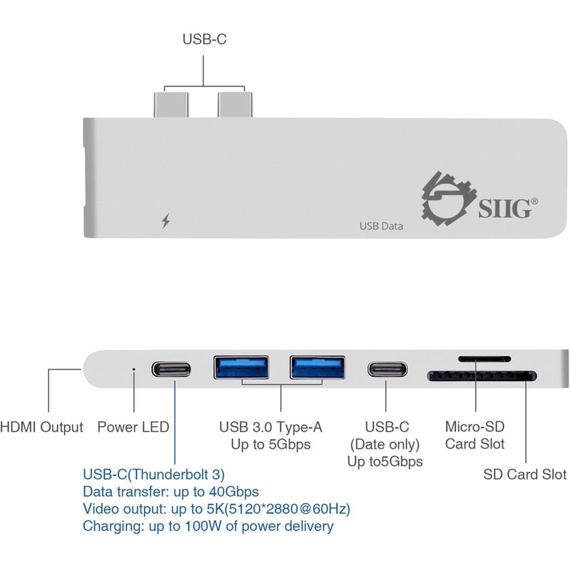 SIIG Thunderbolt 3 USB-C Hub HDMI with Card Reader & PD Adapter - Silver - Thumbnail 3