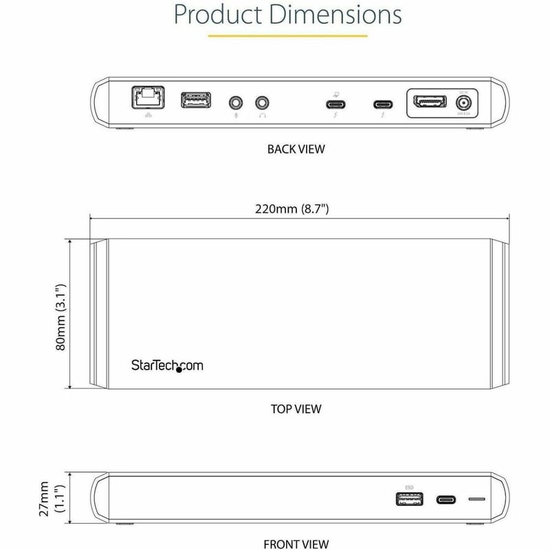 StarTech.com Thunderbolt 3 Dock - Dual Monitor 4K 60Hz TB3 Laptop Docking Station with DisplayPort - 85W Power Delivery - 3x USB 3.0, GbE