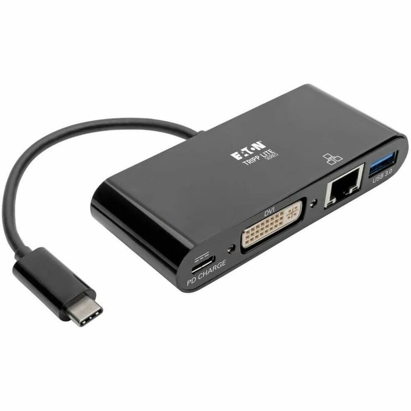 Eaton Tripp Lite Series USB-C Multiport Adapter, DVI, USB 3.x (5Gbps) Hub Port, Gbe and PD Charging, Black - Thumbnail 1