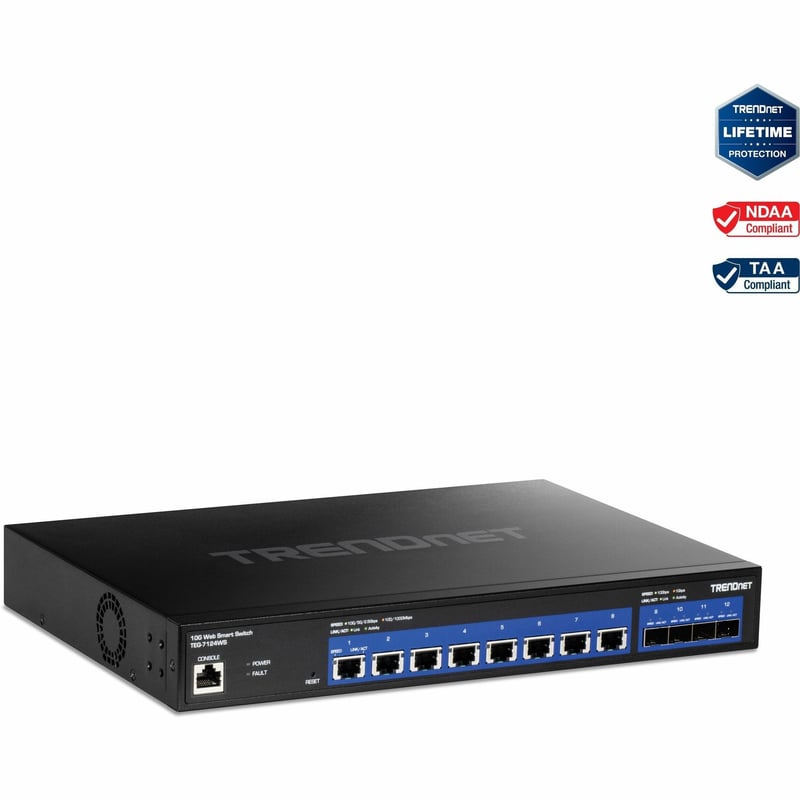TRENDnet 12-Port 10G Web Smart Switch, 8 x 10G RJ-45 Ports, 4 x SFP+ Slots, VLAN, QoS, LACP, and IPv6 Support, Web Smart Management, Rack Mountable Housing, Lifetime Protection, Black, TEG-7124WS - Thumbnail 1