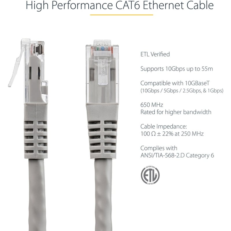 StarTech.com 10ft CAT6 Ethernet Cable - Gray Molded Gigabit - 100W PoE UTP 650MHz - Category 6 Patch Cord UL Certified Wiring/TIA - Thumbnail 3