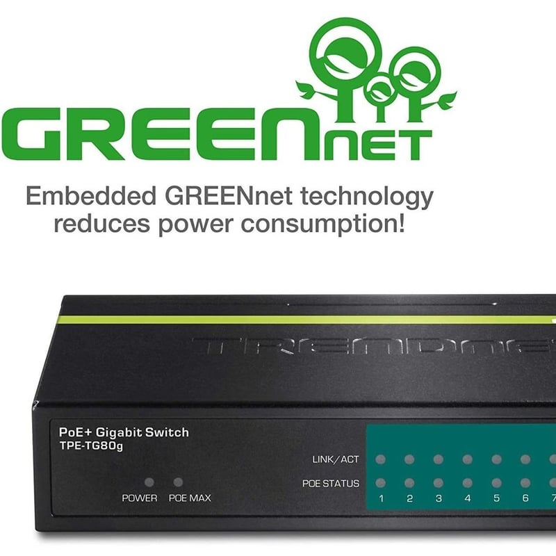 TRENDnet 8-Port Gigabit PoE+ Switch, 8 x Gigabit PoE+ Ports, 123W PoE Power Budget, 16 Gbps Switching Capacity, Desktop Switch, Ethernet Network Switch, Metal, Lifetime Protection, Black, TPE-TG80G - Thumbnail 5