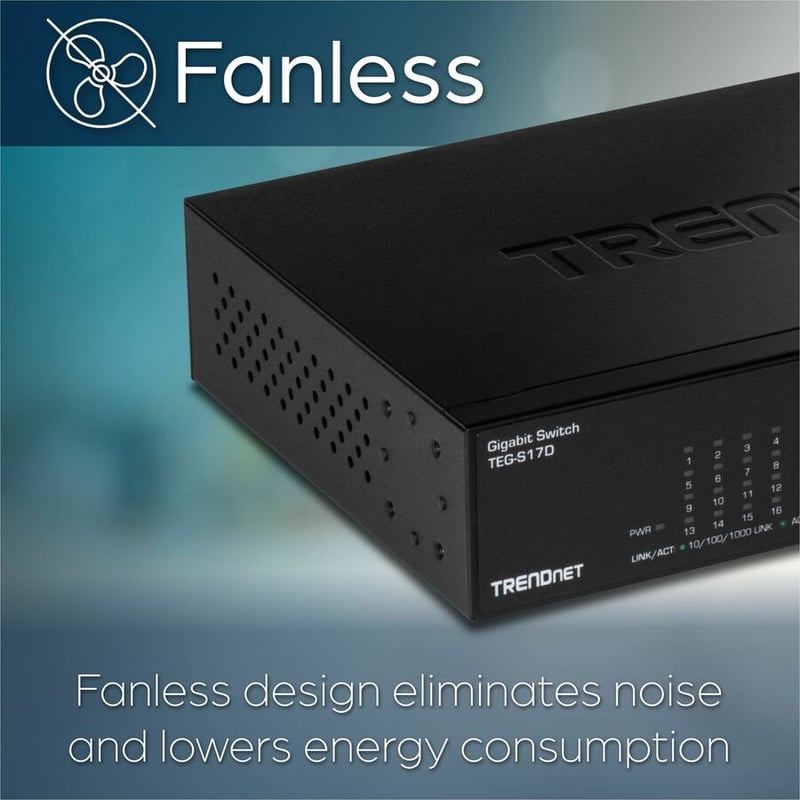 TRENDnet 16-Port Gigabit Desktop Switch, TEG-S17D, 16 x Gigabit RJ-45 Ports, 32Gbps Switching Capacity, Fanless Design, Metal Enclosure, Internal Power Supply, Lifetime Protection, Black