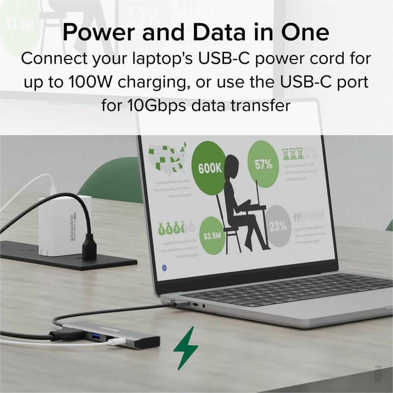 Plugable USB C Hub Multiport Adapter, 4 in 1, 100W Pass Through Charging, USB C to HDMI 4K 60Hz - Thumbnail 4