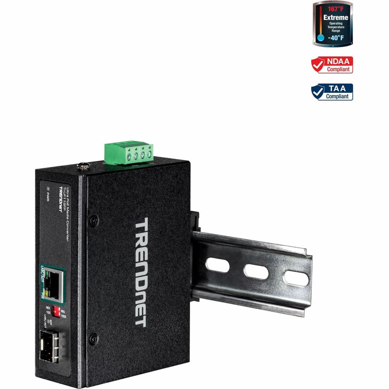 TRENDnet Hardened Industrial SFP to Gigabit UPoE Media Converter; IP30 Rated Housing; Includes DIN-rail & Wall Mounts; Operating Temp. -40 to 75 ?C (-40 to 167 ?F); TI-UF11SFP - Thumbnail 1