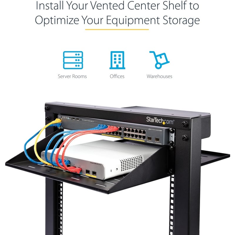 StarTech.com 2 Post Server Rack Shelf - Vented - Center Mount - Up to 75 lb. - 2 post Network Rack Shelf (CABSHF2POSTV2) - Thumbnail 3