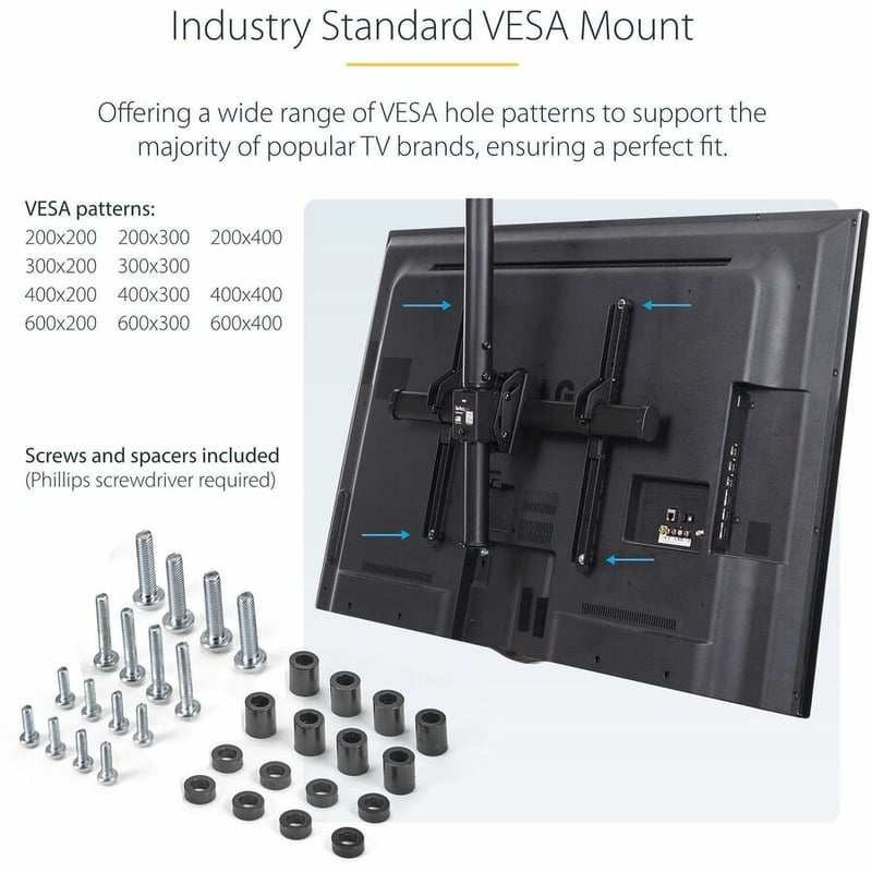 StarTech.com Dual TV Ceiling Mount, Back-to-Back Hanging Dual Screen VESA Pole Mount for 32"-75" TVs - Height Adjustable Telescopic Pole - Thumbnail 5