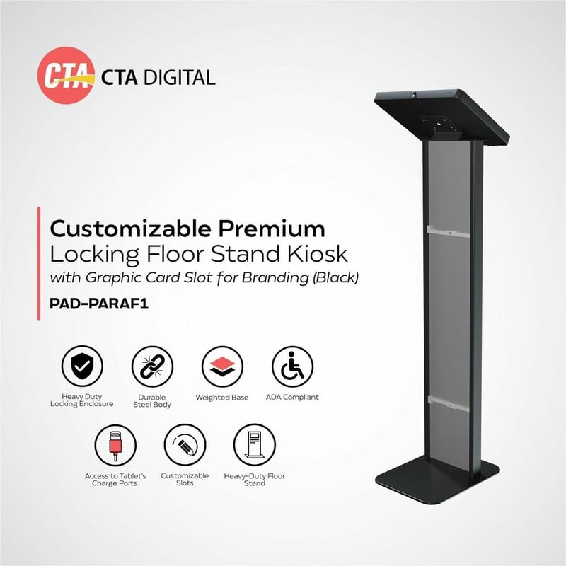 CTA Digital Customizable Premium Locking Floor Stand Kiosk with Graphic Card Slot for branding for 10.2-in iPad 7th/ 8th/ 9th Gen & More (Black) - Thumbnail 2