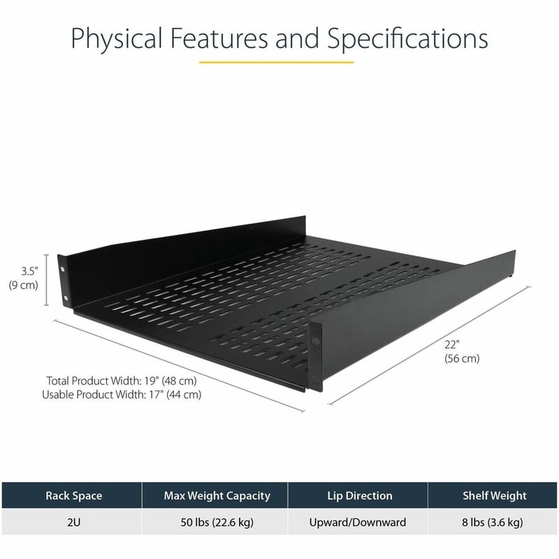 StarTech.com 2U 22in Vented Rack Mount Shelf - Fixed 22 inch Deep antilever Rackmount Tray for Server Rack Cabinet Shelf - 50lbs / 23kg - Thumbnail 3