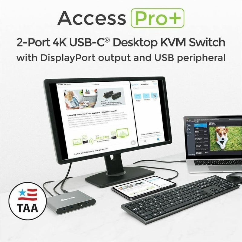 IOGEAR 2-Port 4K USB-C Desktop KVM with DisplayPort output and USB peripheral