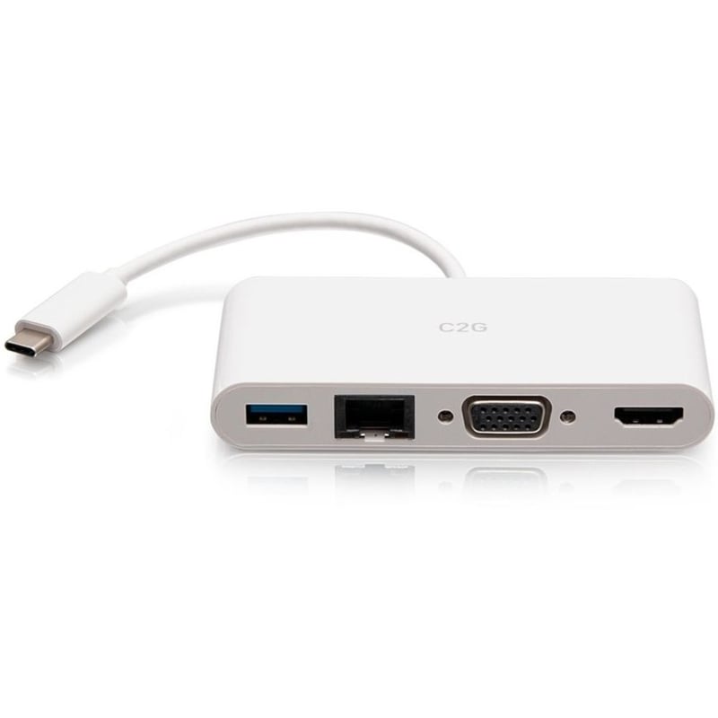 C2G USB C to HDMI, VGA, USB A & RJ45 Adapter - 4K 30Hz - White - Thumbnail 2