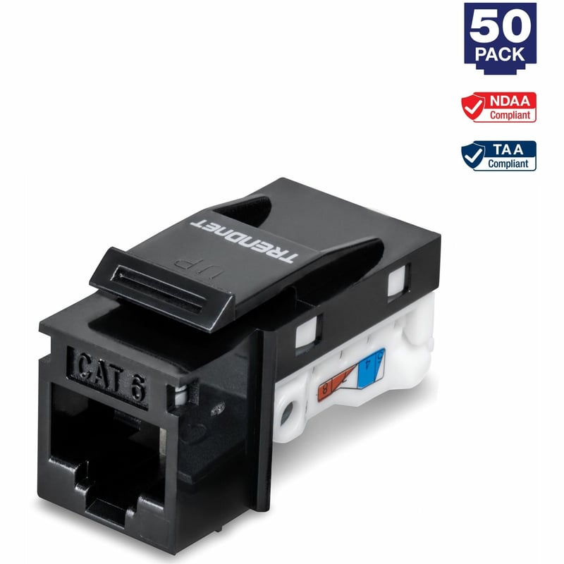 TRENDnet Cat6 RJ45 Keystone Jack 50-Pack Bundle, Compatible With Cat5,Cat5e,Cat6 Cabling, Use With The TC-KP24 Or TC-KP48 Blank Keystone Patch Panels (Sold Separately), Black, TC-K50C6BK - Thumbnail 1