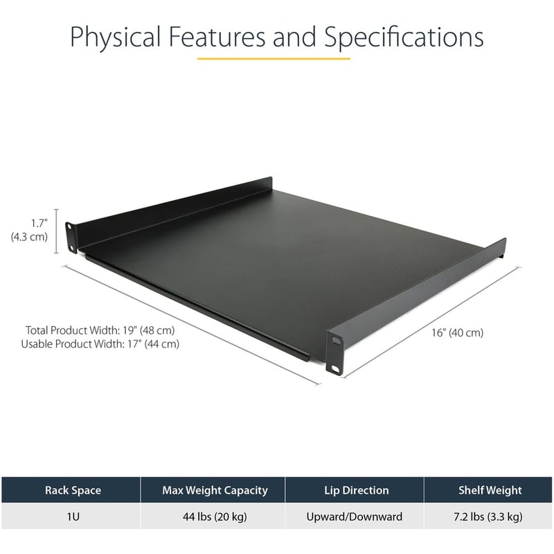 StarTech.com 1U Server Rack Cabinet Shelf - Fixed 16" Deep Cantilever Rackmount Tray for 19" Data/AV/Network Enclosure w/cage nuts, screws - Thumbnail 3