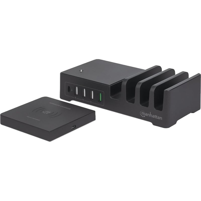 Manhattan Charging Station with Wireless Charging Pad (detachable), 1x Wireless, 1x USB-C and 4x USB-A Ports, Wireless Output: 2A, USB-C Output: 3A, USB-A Outputs: 1x 3A and 3x 2.4A max, Cable 1m, Black (Power Cable: Euro 2-pin plug to C7 figure-of-8 - Thumbnail 2